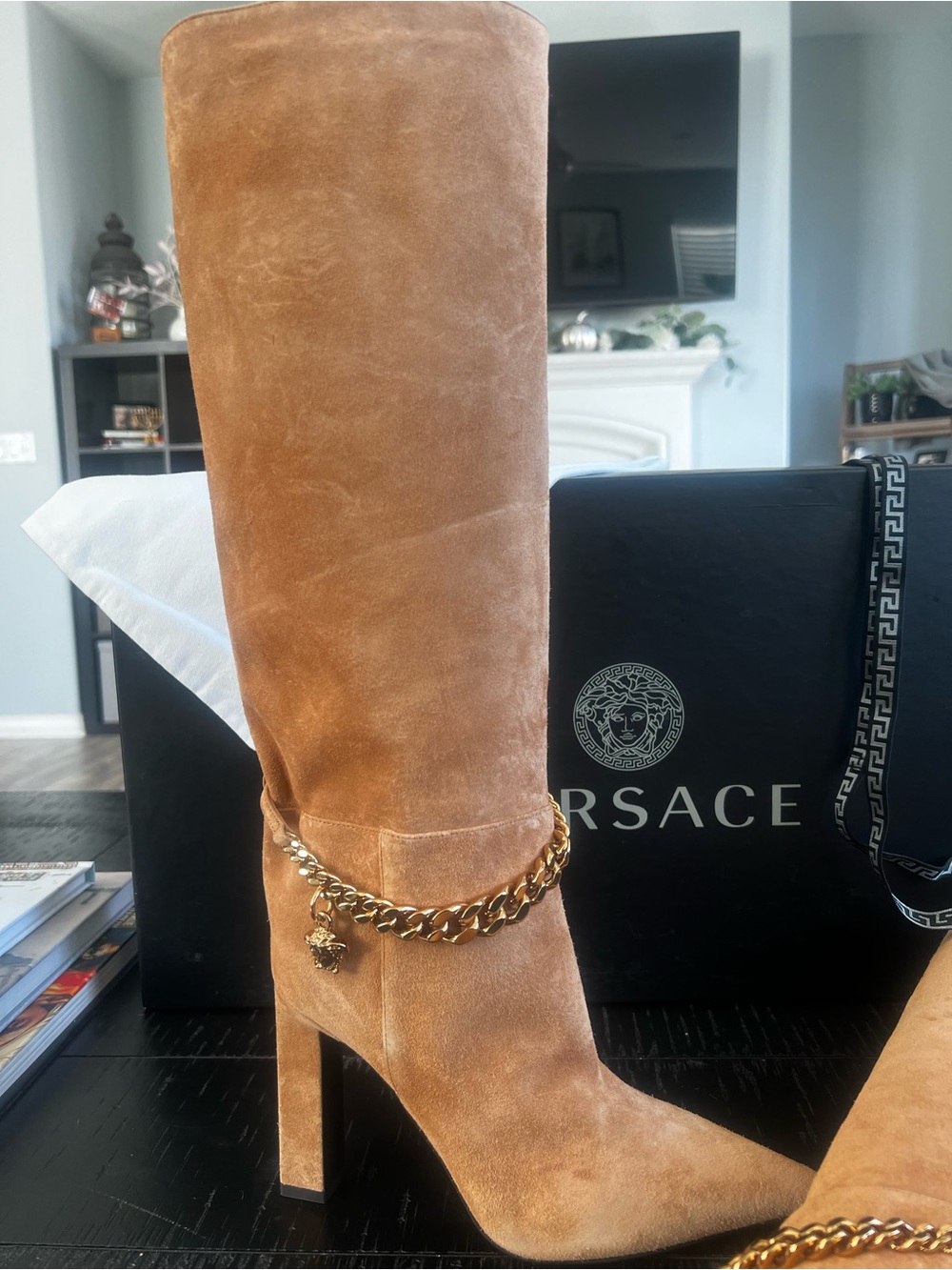 Versace Tan Suede Over-the-Knee Boot with Gold Chain Accent